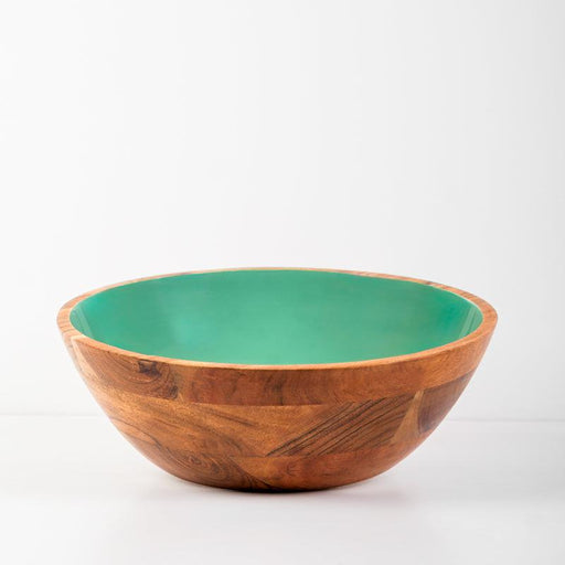 Acacia Wood Salad Bowl with Enamel - Aqua
