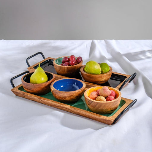 Acacia Wooden Serving Tray with Handles - Mint Enamel
