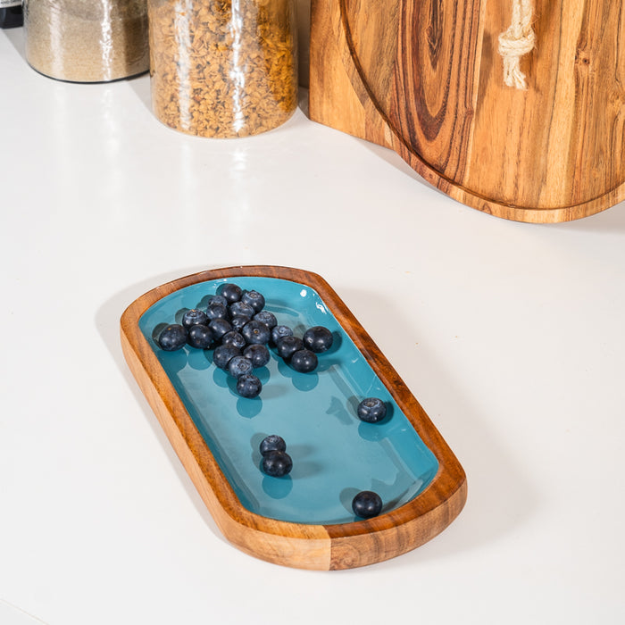 Acacia Wood Oblong Server with Enamel - Aqua