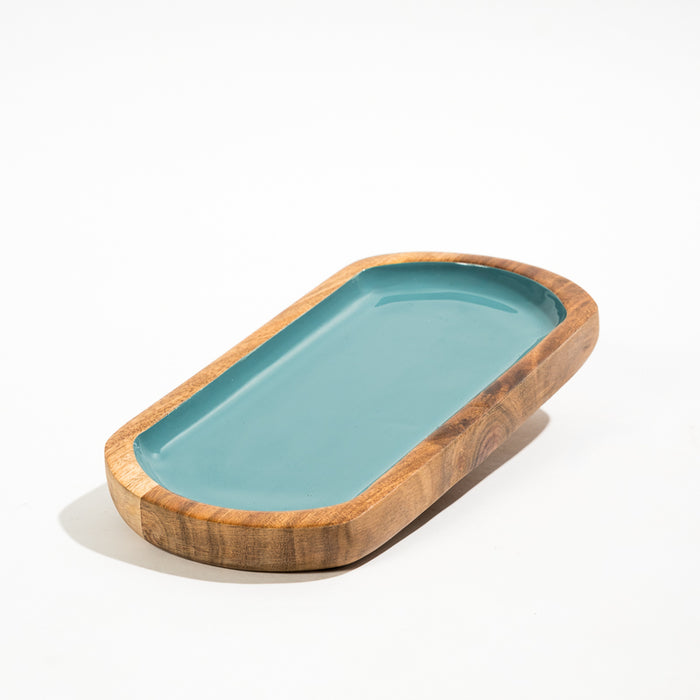 Acacia Wood Oblong Server with Enamel - Aqua