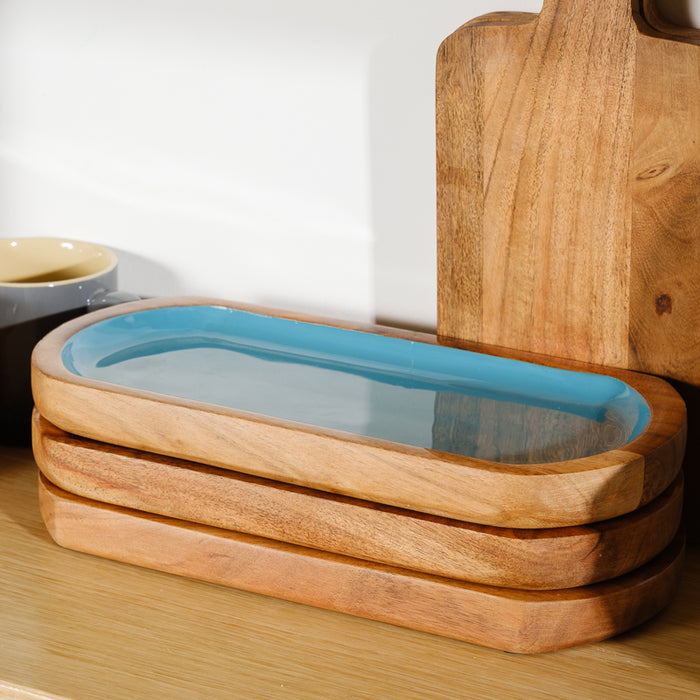 Acacia Wood Oblong Server with Enamel - Aqua