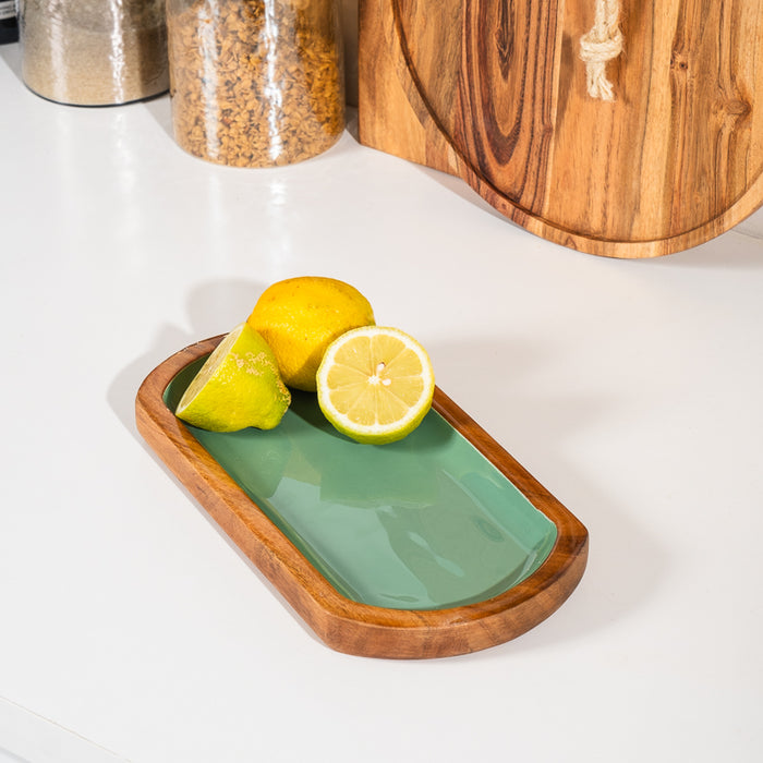 Acacia Wood Oblong Server with Enamel - Ocean