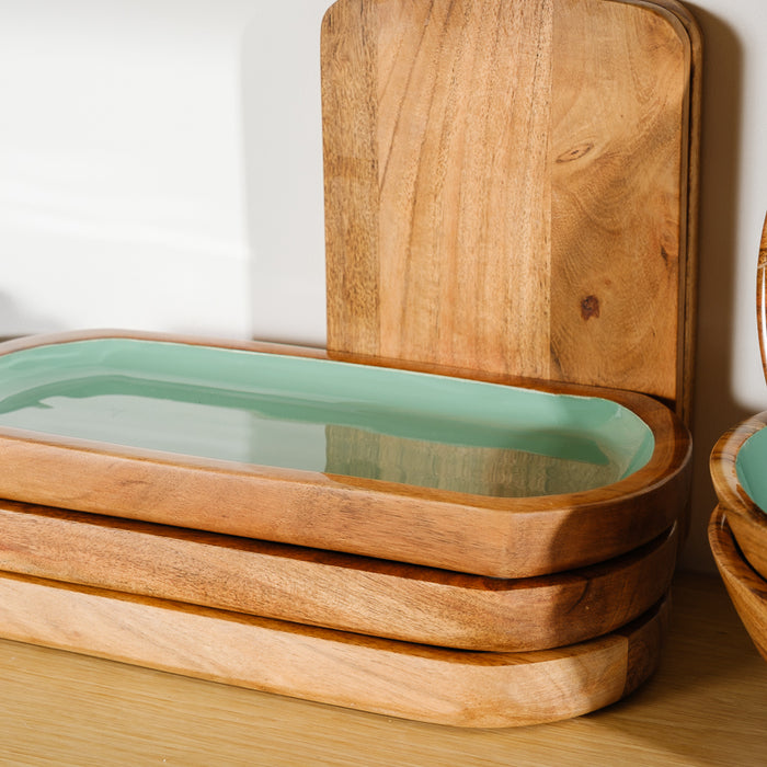 Acacia Wood Oblong Server with Enamel - Ocean