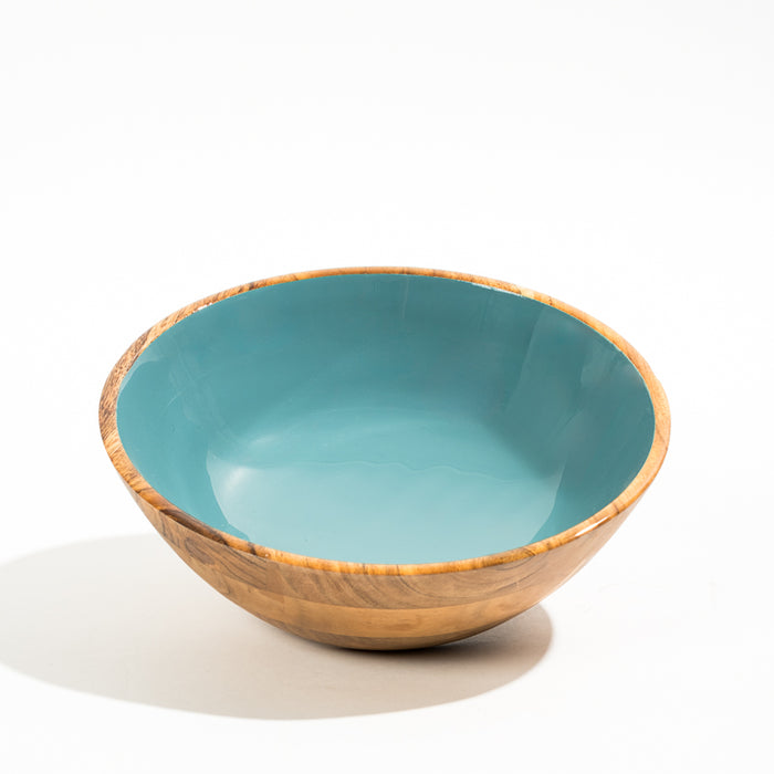 Acacia Wood Salad Bowl with Enamel - Aqua