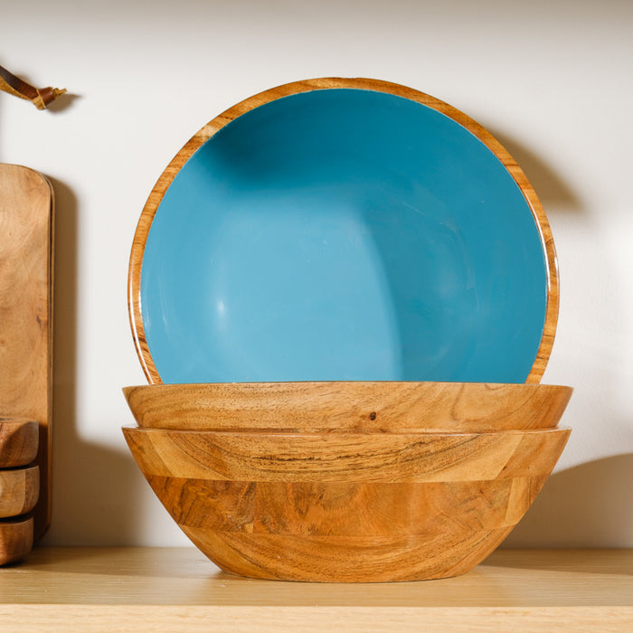 Acacia Wood Salad Bowl with Enamel - Aqua