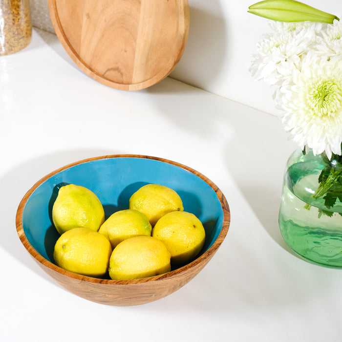 Acacia Wood Salad Bowl with Enamel - Aqua