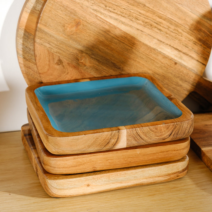 Acacia Wood Square Server - Aqua