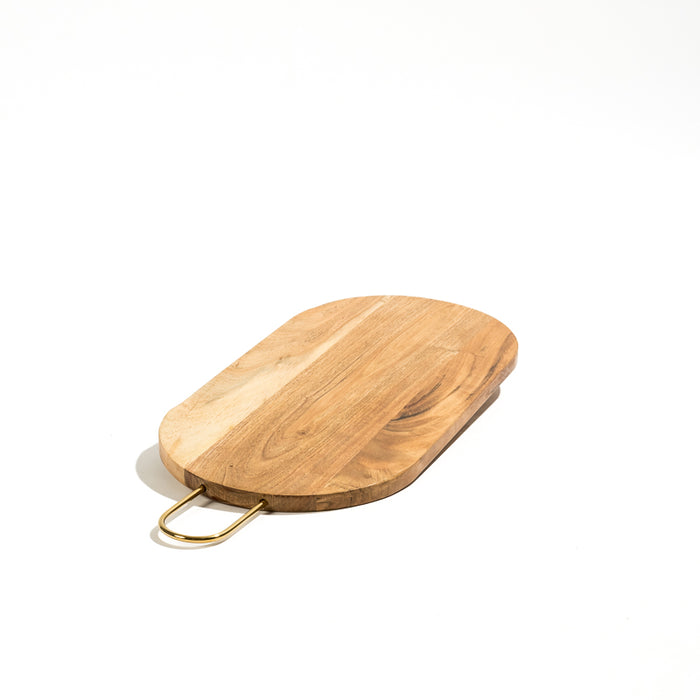 Acacia Wooden Oval Serving Board with Metal Handle - Natural