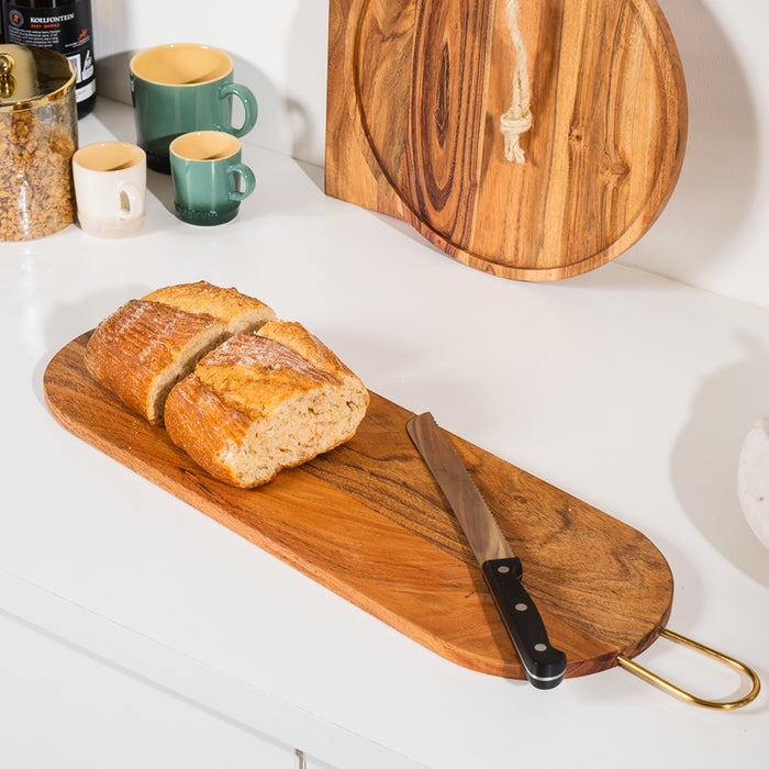 Acacia Wooden Oval Serving Board with Metal Handle - Natural