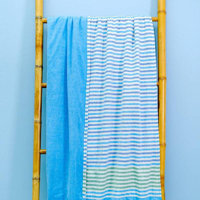 Cotton Bay Striped Fouta with Toweling Backing - Blue / Green