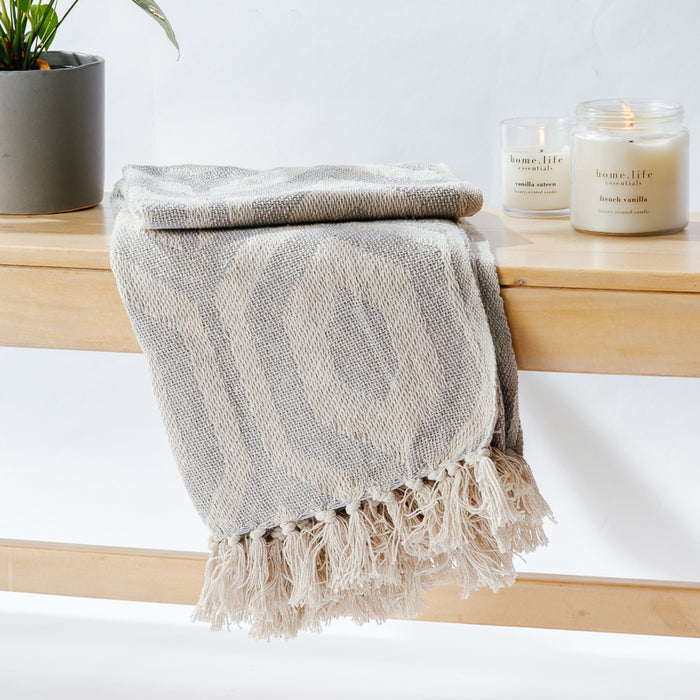 Cotton Bay Fringe Throw Geometric - Light Grey