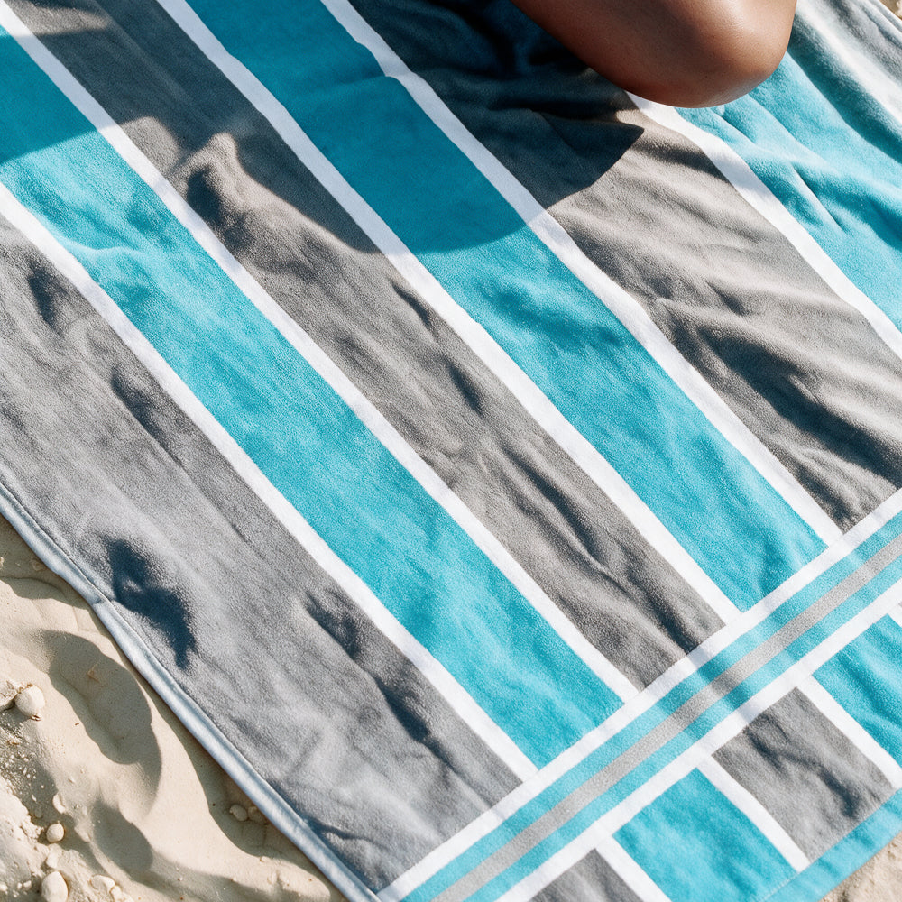 Cotton Bay Laguna Stripe Velour Beach Towel Sea Blue and Grey