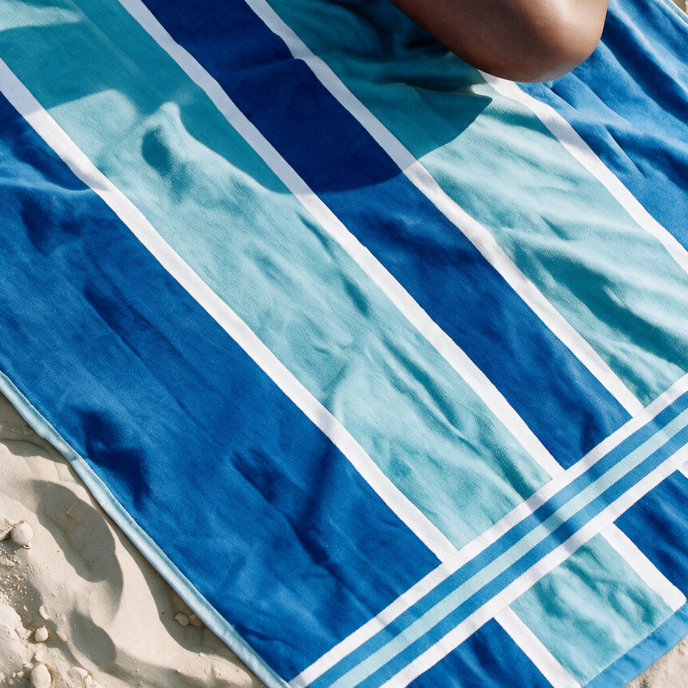 Cotton Bay Laguna Stripe Velour Beach Towel Sky and Royal Blue