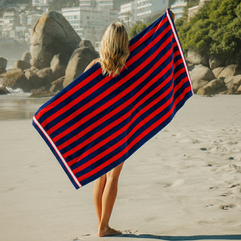 Cotton Bay Velour Stripe Beach Towel Crimson Coast