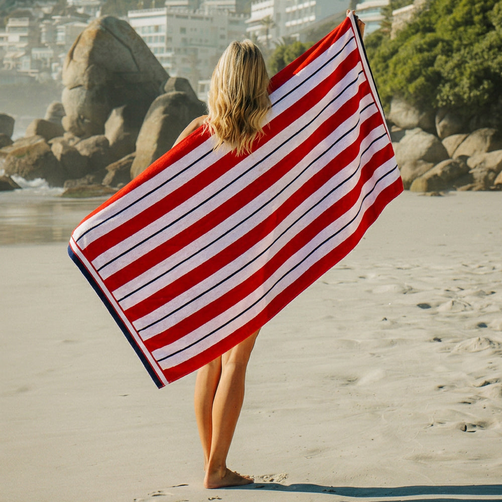 Cotton Bay Velour Stripe Beach Towel Crimson Reef