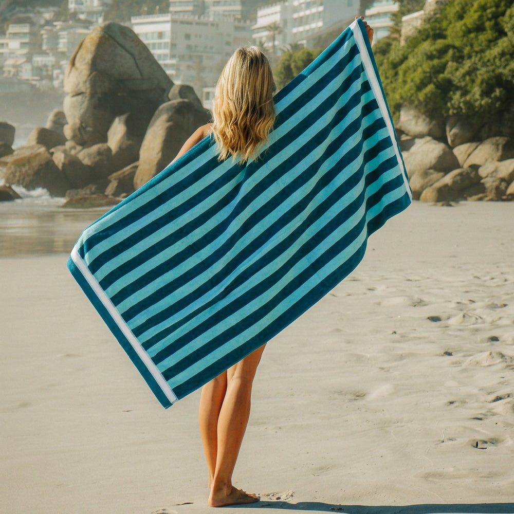 Cotton Bay Velour Stripe Beach Towel Lagoon Tide