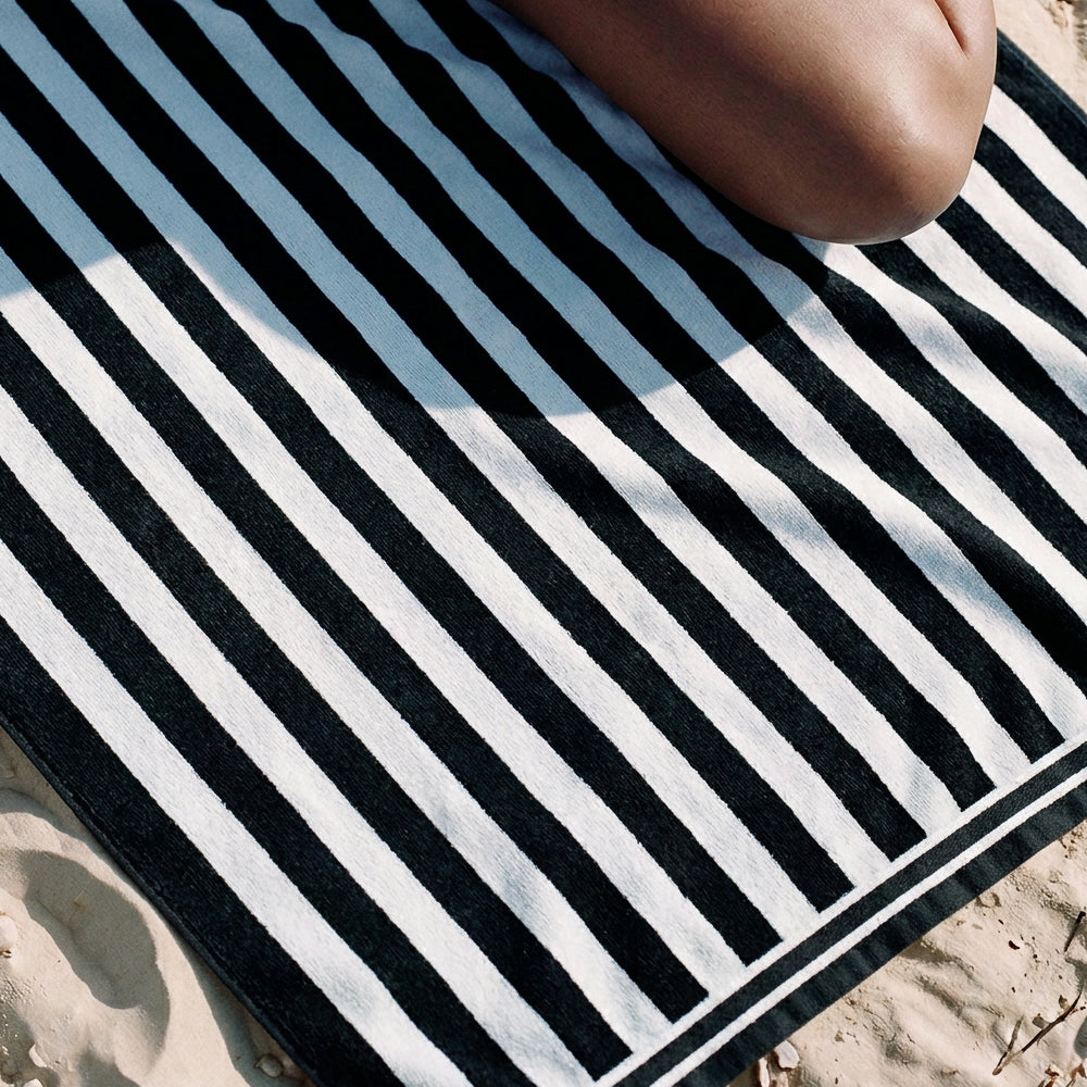 Cotton Bay Velour Stripe Beach Towel Monochrome Coast