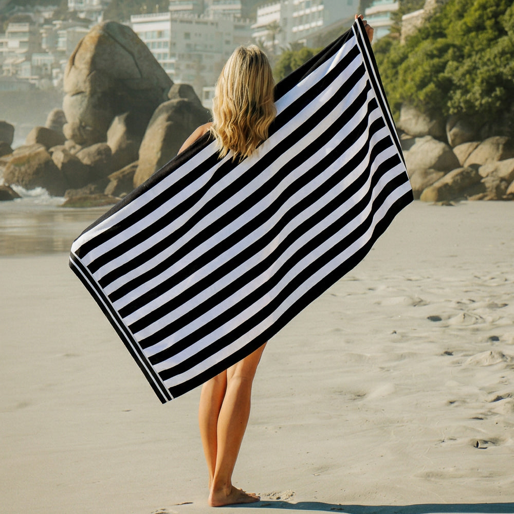Cotton Bay Velour Stripe Beach Towel Monochrome Coast
