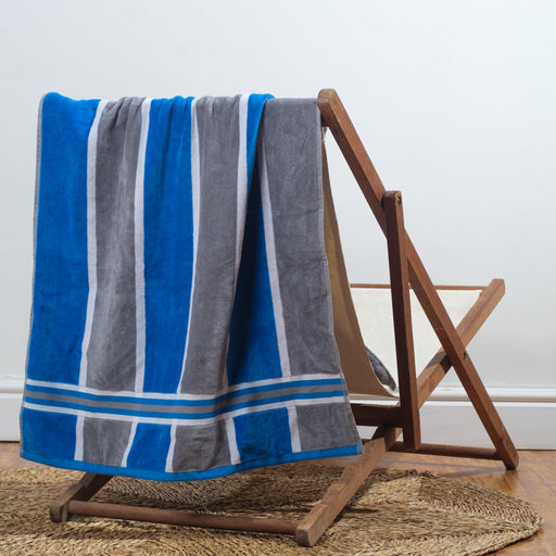 Laguna Stripe Velour Beach Towel - Royal Blue & Ash Grey