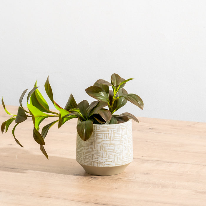 Ceramic Planter Etched - Taupe Criss Cross