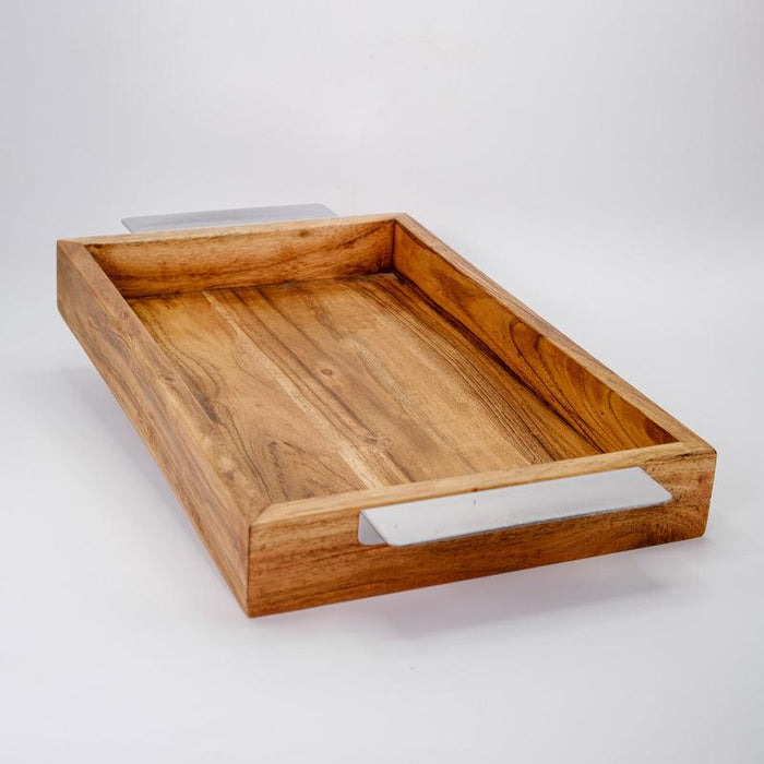 Rectangular Wooden Serving Tray With Metal Handles - natural
