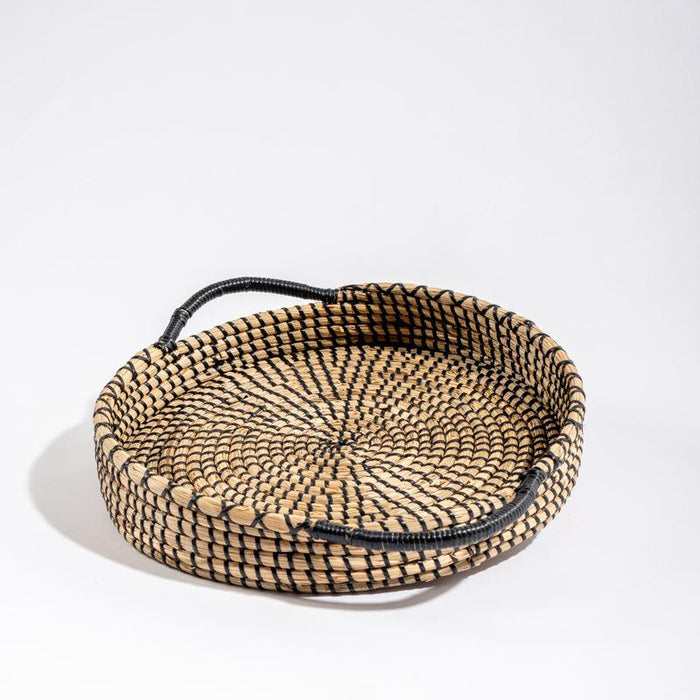 Seagrass Round Weave Tray with Black Handle