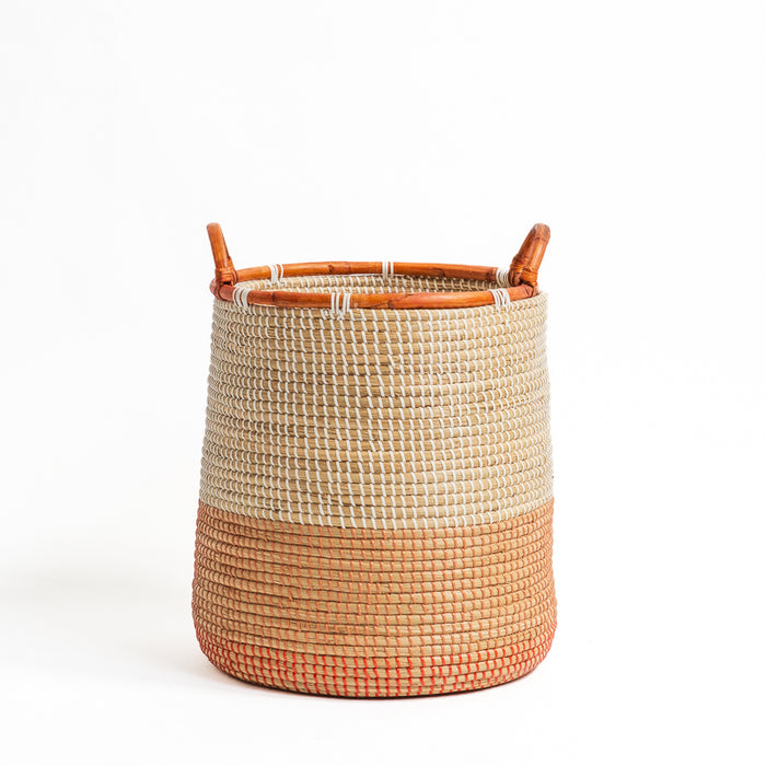 Seagrass Toned Rattan Rimmed Round Basket - Tan