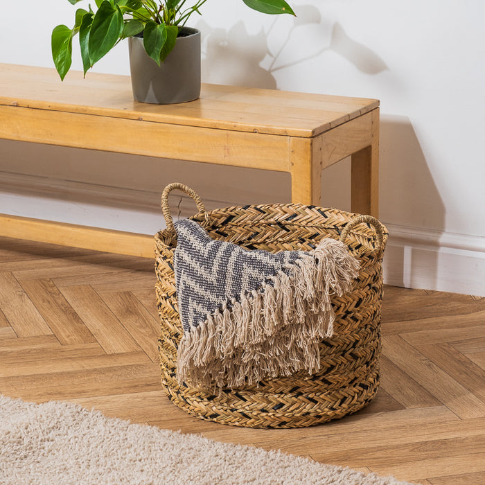 Water Hyacinth Round Basket - Black Weave