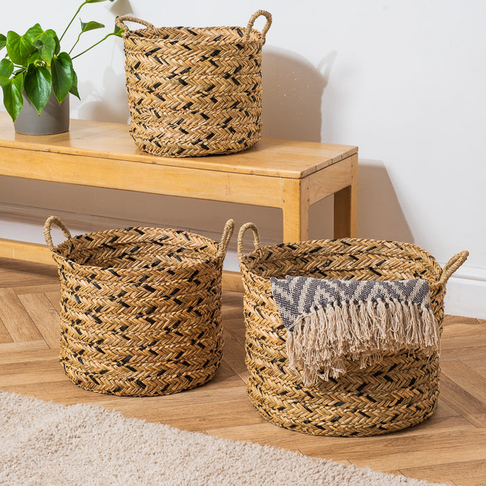 Water Hyacinth Round Basket - Black Weave