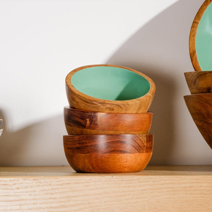 Acacia Wood Mini Bowl with Enamel inlay - Aqua/Natural