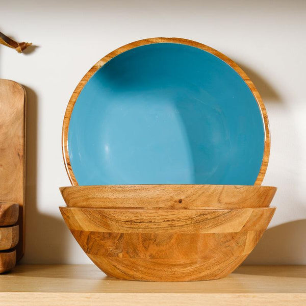 Acacia Wood Salad Bowl With Enamel | Aqua | Bowl