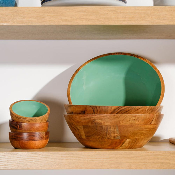 Acacia Wood Salad Bowl with Enamel - Aqua