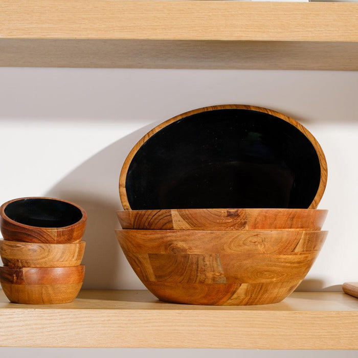 Acacia Wood Salad Bowl with Enamel - Black