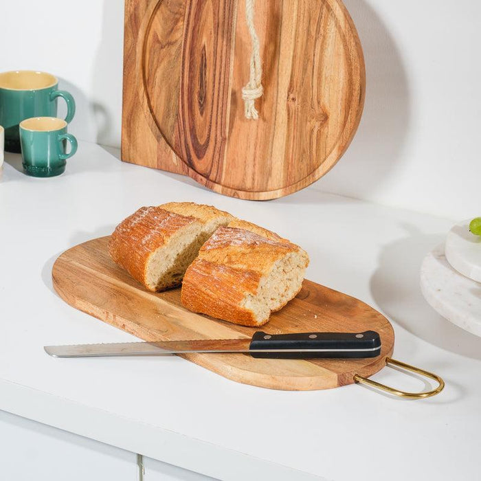 Acacia Wooden Oval Serving Board with Metal Handle - Natural-Tray