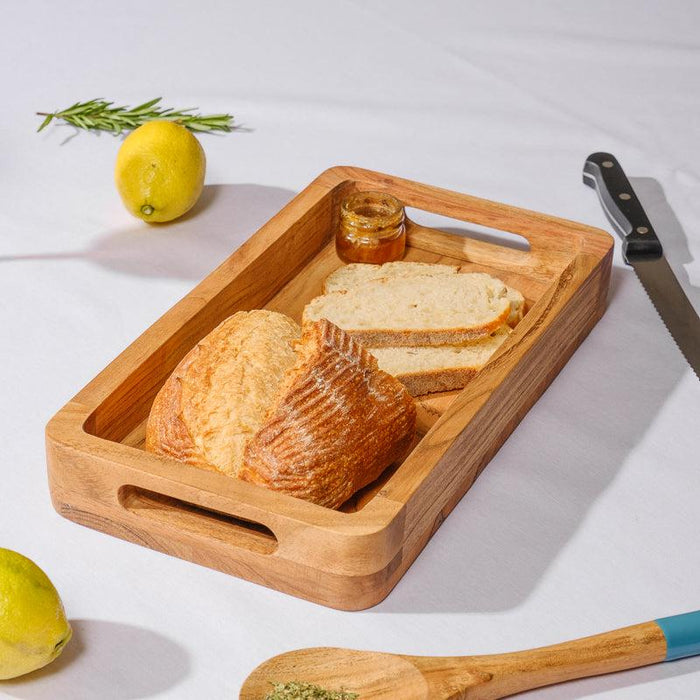 Acacia Wooden Rectangular Tray with Handles - Natural-Board