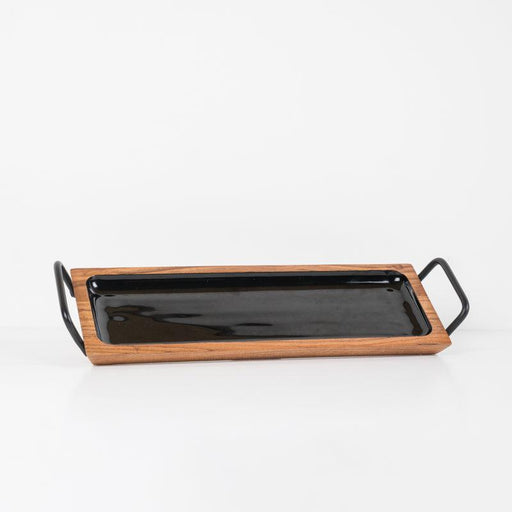 Acacia Wooden Serving Tray with Handles - Black Enamel