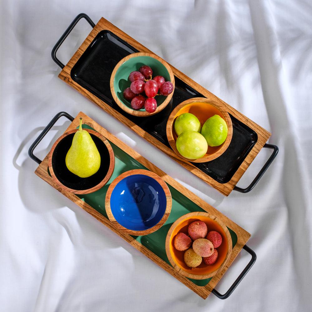 Acacia Wooden Serving Tray with Handles - Black Enamel