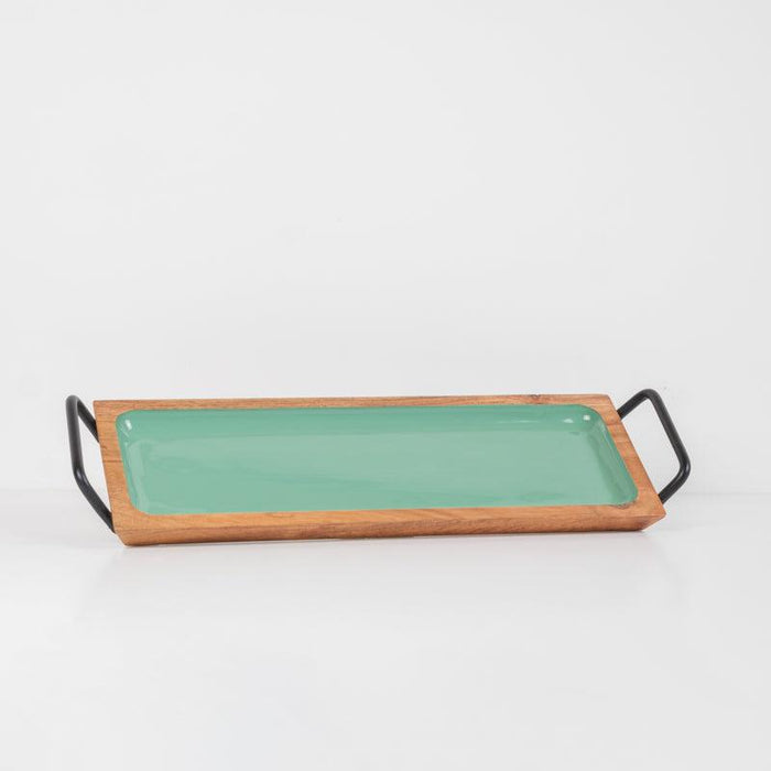 Acacia Wooden Serving Tray with Handles - Mint Enamel