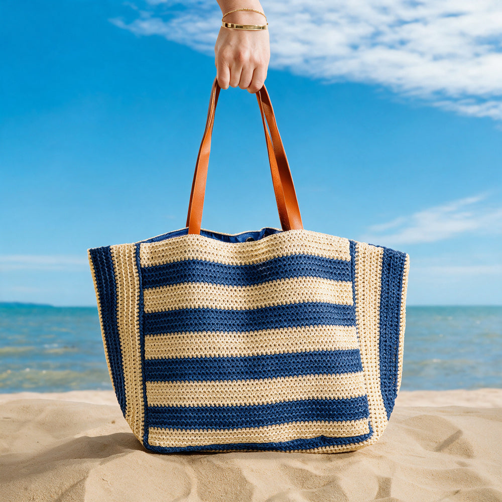 Beach Bag Straw Stripe Blue-Beach Bag