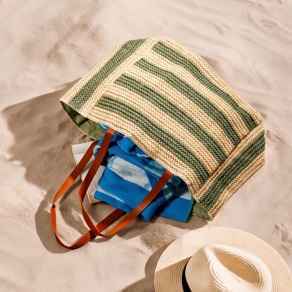 Beach Bag Straw Stripe Green-Beach Bag