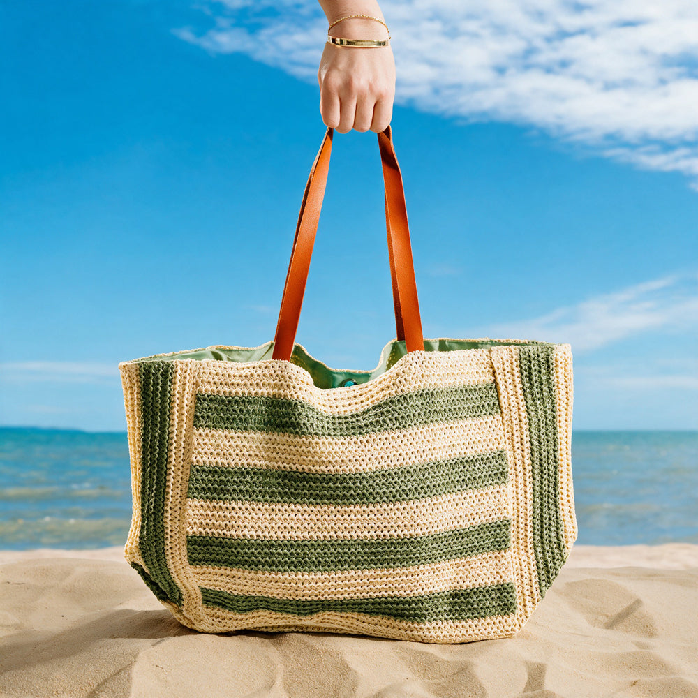 Beach Bag Straw Stripe Green-Beach Bag