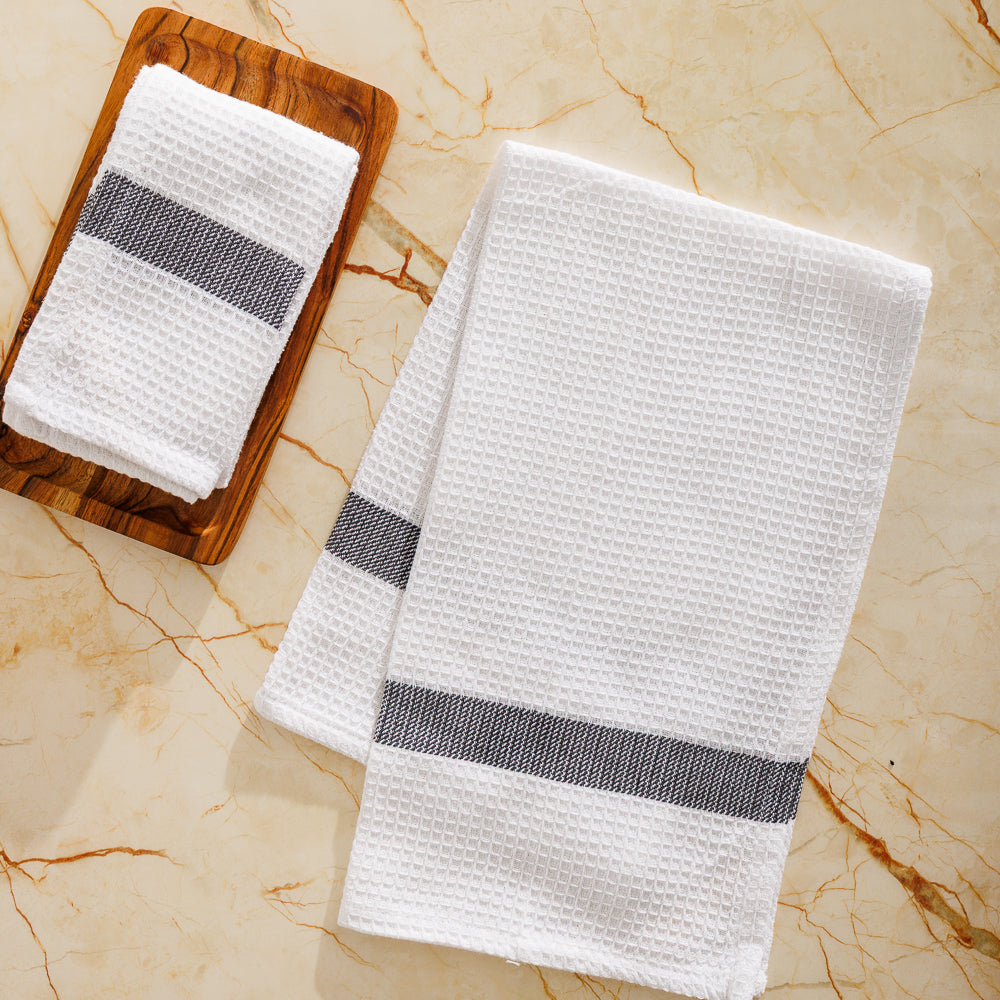 Caterers Choice Honeycomb Weave Kitchen Towel Set White with Grey Stripe 2 Pack-Dishcloths