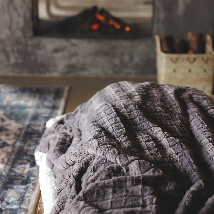 Checked Faux Fur Rabbit Blanket - Winter Grey-BLANKET