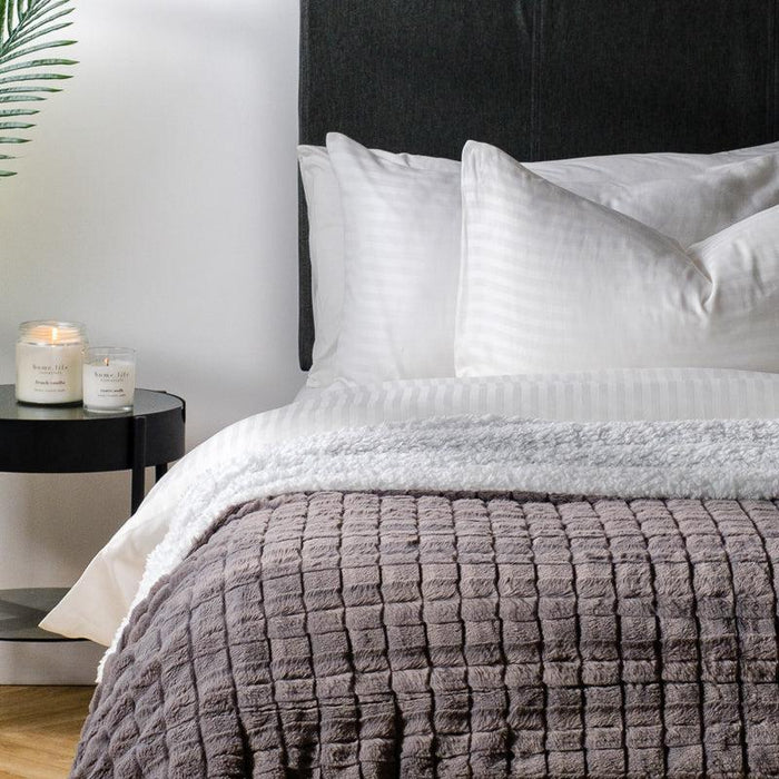 Checked Faux Fur Rabbit Blanket - Winter Grey-BLANKET