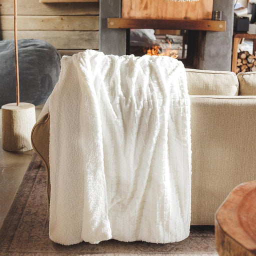 Checked Faux Fur Rabbit Blanket - Winter White-BLANKET