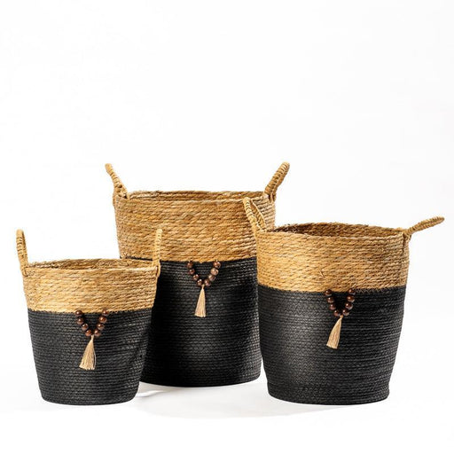 Conical Bulrush & Paper Basket - Black-Basket
