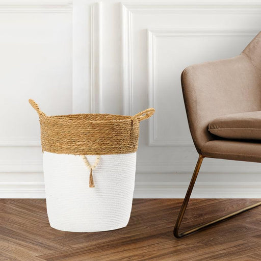 Conical Bulrush & Paper Basket - White-Basket
