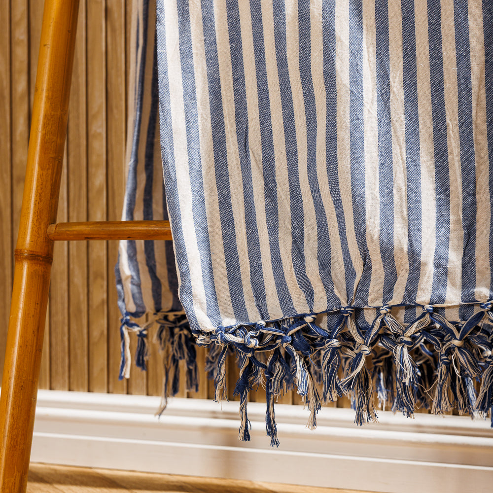 Cotton Bay Bengal Stripe 100% Cotton Cover Throw Blue-Throws