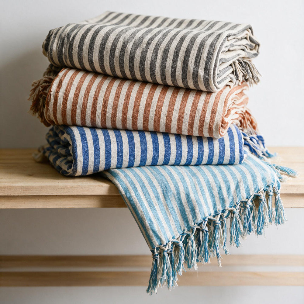 Cotton Bay Bengal Stripe 100% Cotton Cover Throw Blue-Throws