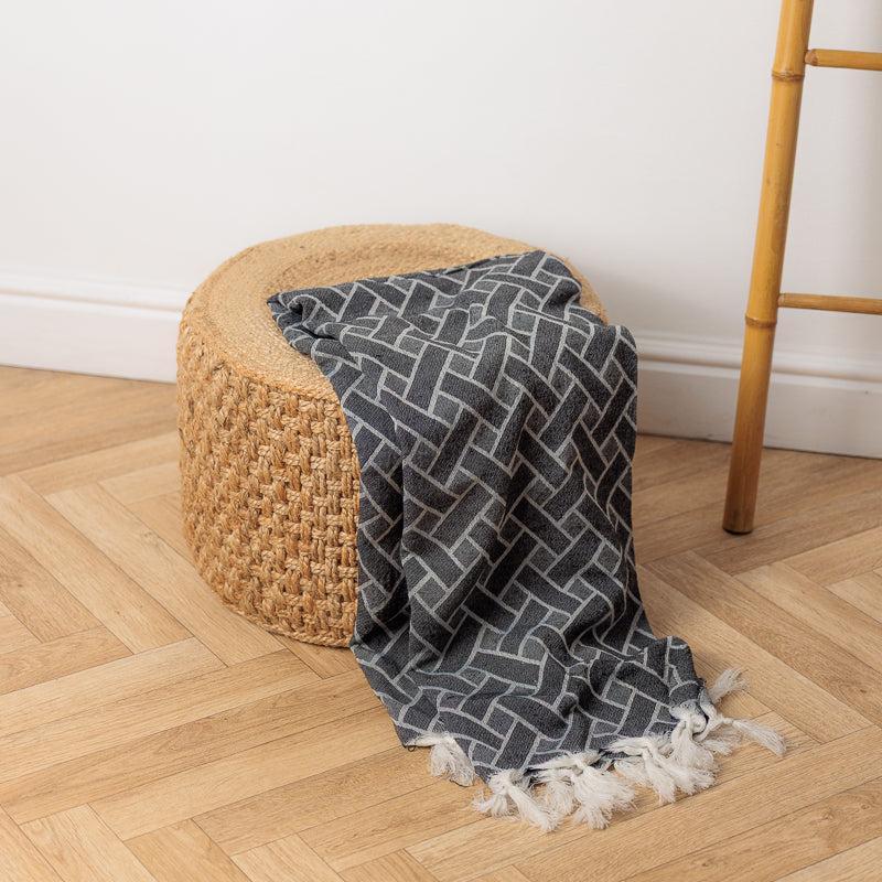 Geometric Lined Jacquard Throw - Black-Throw